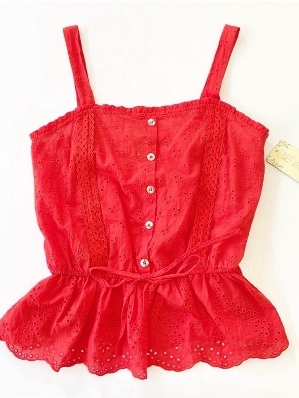 Sweet Wanderer Bright Red Eyelet Cotton Tank Top Camisole Elastic Waist NWT